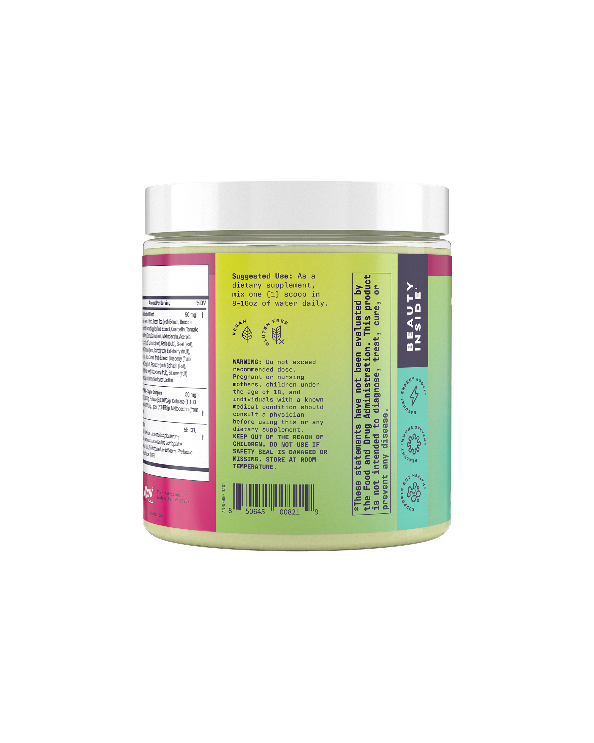 A side view of Super Greens in Wild berry flavor showcasing suggested use of product.