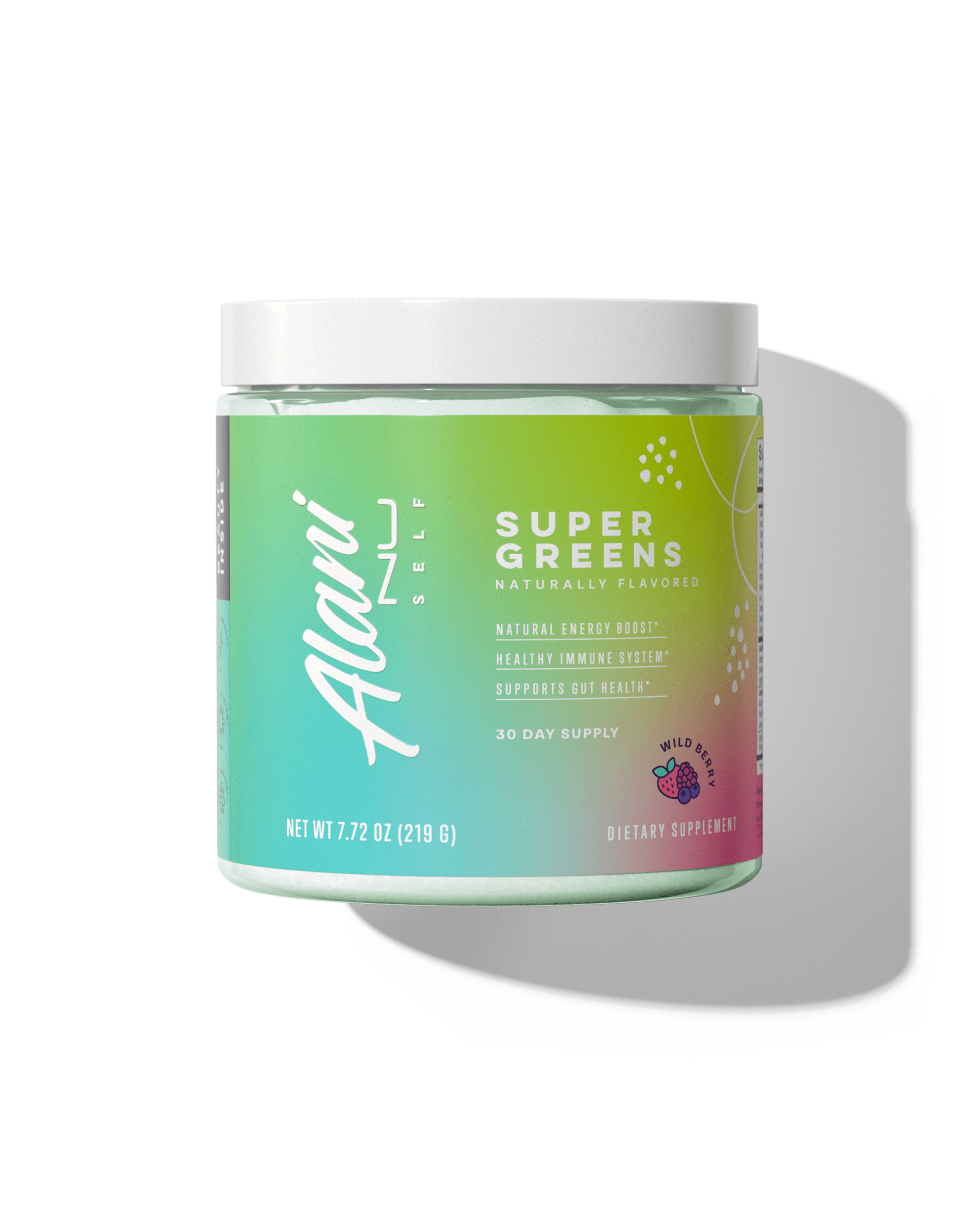 A 30 serving container of Super Greens in Wild Berry flavor.
